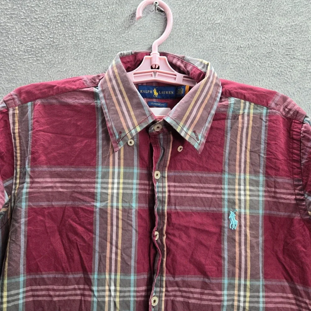Ralph Lauren Men Button Up Shirt Medium Red Plaid Classic Fit Long Sleeve READ